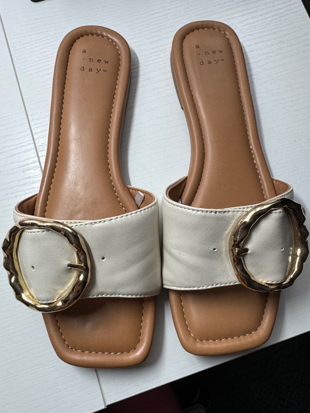 a new day White Slide Sandals with Gold Buckle
